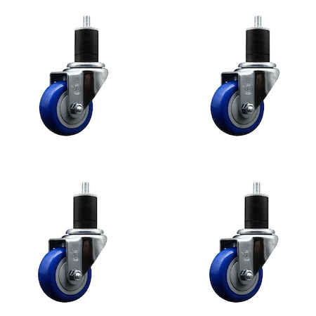 Service Caster 3'' SS Blue Poly Wheel Swivel 1-3/4'' Expanding Stem Caster Set, 4PK SCC-SSEX20S314-PPUB-BLUE-134-4